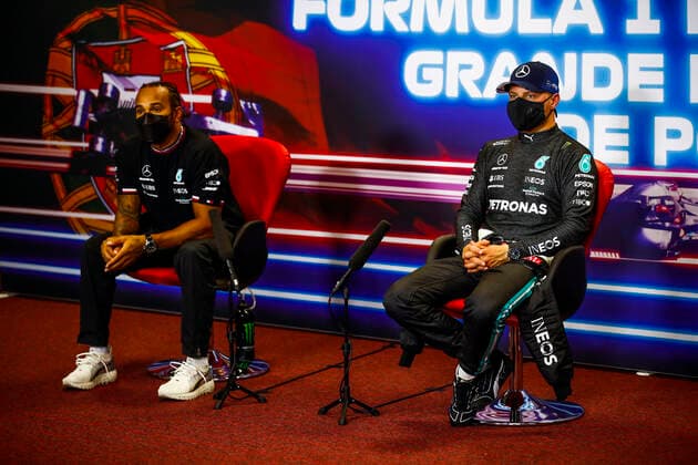 HAMILTON Lewis (gbr), Mercedes AMG F1 GP W12 E Performance, BOTTAS Valtteri (fin), Mercedes AMG F1 GP W12 E Performance, portrait, press conference, PK, Pressekonferenz during the Formula 1 Heineken Grande PrŽmio de Portugal 2021 from April 30 to May 2, 2021 on the Algarve International Circuit, in Portimao, Portugal FORMULE 1 : Grand Prix du Portugal - Essais et Qualification - Portimao - 01 05 2021 DPPI Panoramic _B2_0839