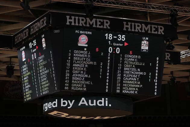 Zwischenstand nach dem ersten Viertel GER, FC Bayern Basketball vs. ratiopharm ulm, Basketball, 1.Bundesliga, Saison 2020 2021, 07.05.2021, GER, FC Bayern Basketball vs. ratiopharm ulm, Basketball, 1.Bundesliga, Saison 2020 2021, 07.05.2021, Muenchen Copyright: xEIBNER MarcelxEngelbrechtx EP_EER