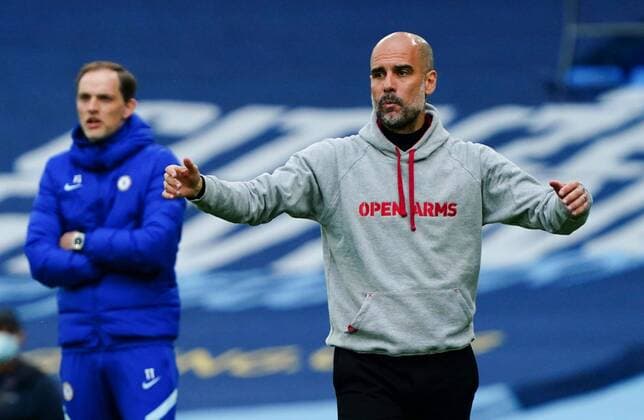 Mandatory Credit: Photo by Javier Garcia BPI Shutterstock (11893130hp) Manchester City Manager Pep Guardiola in front of Chelsea Manager Thomas Tuchel Manchester City v Chelsea, Premier League, Football, The Etihad Stadium, Manchester, UK - 08 May 2021 EDITORIAL USE ONLY No use with unauthorised audio, video, data, fixture lists, club league logos or live services. Online in-match use limited to 120 images, no video emulation. No use in betting, games or single club league player publications. Manchester City v Chelsea, Premier League, Football, The Etihad Stadium, Manchester, UK - 08 May 2021 EDITORIAL USE ONLY No use with unauthorised audio, video, data, fixture lists, club league logos or live services. Online in-match use limited to 120 images, no video emulation. No use in betting, games or single club league player publications. Copyright: xJavierxGarcia BPI Shutterstockx 11893130hp