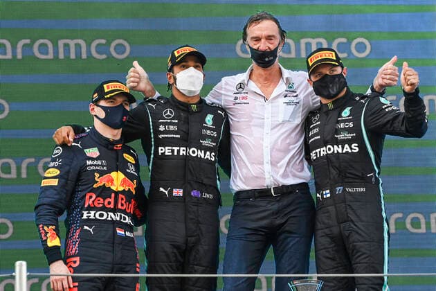HAMILTON Lewis (gbr), Mercedes AMG F1 GP W12 E Performance, portrait, Jim Ratcliffe. BOTTAS Valtteri (fin), Mercedes AMG F1 GP W12 E Performance, portrait and VERSTAPPEN Max (ned), Red Bull Racing Honda RB16B, portrait during the Formula 1 Aramco Gran Premio De Espana 2021 from May 07 to 10, 2021 on the Circuit de Barcelona-Catalunya, in Montmelo, near Barcelona, Spain FORMULE 1 : Grand prix d Espagne - Barcelone - 09 05 2021 DPPI Panoramic
