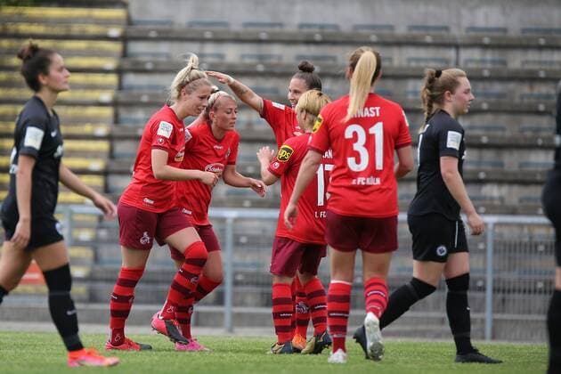13.05.2021, xcex, GER, Frankfurt am Main, Stadion am Brentanobad, Frauenfussball, 2. Bundesliga Sued, Frauen-Bundesliga Saison 2020 2021, SGE, Eintracht Frankfurt Frauen II - 1. FC Koeln, Torjubel FC Koeln, Jubel, Freude, Emotionen, Goal celebration DFL regulations prohibit any use of photographs as image sequences and or quasi-video