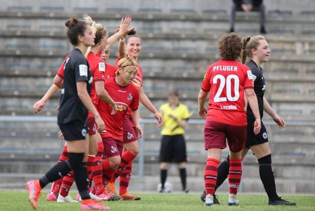 13.05.2021, xcex, GER, Frankfurt am Main, Stadion am Brentanobad, Frauenfussball, 2. Bundesliga Sued, Frauen-Bundesliga Saison 2020 2021, SGE, Eintracht Frankfurt Frauen II - 1. FC Koeln, Torjubel FC Koeln, Jubel, Freude, Emotionen, Goal celebration DFL regulations prohibit any use of photographs as image sequences and or quasi-video