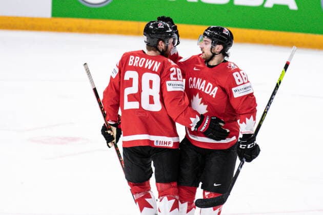 May 26, 2021, Riga, Latvia: Riga, Latvia, Arena Riga, May 26, 2021, Brown (Canada) ..Mangiapane (Canada) during World Championship, WM, Weltmeisterschaft 2021 - Canada vs Norway - Ice hockey, Eishockey Ice Hockey - World Championship 2021 - Canada vs Norway, riga, Latvia - ZUMAl164 20210526_zsa_l164_068 Copyright: xAndreaxRex