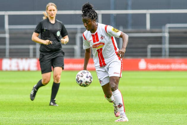Eunice Beckmann (Köln, 11), am Ball, Spielszene, Freisteller, Ganzkörper, Einzelbild, Aktion, Action, 03.06.2021, Köln (Deutschland), Fussball, 2. Frauen-Bundesliga Süd, 1. FC Köln - 1. FFC Niederkirchen, DFB DFL REGULATIONS PROHIBIT ANY USE OF PHOTOGRAPHS AS IMAGE SEQUENCES AND OR QUASI-VIDEO.