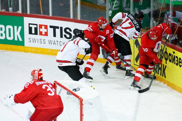 03.06.2021, Riga, Olympic Sports Centre, Quarterfinal: Russia - Canada (2021 IIHF Ice hockey, Eishockey World Championship, WM, Weltmeisterschaft , 21 Nick Paul (Canada), 4 Vladislav Gavrikov (Russia), 17 Justin Danforth (Canada), 8 Ivan Morozov (Russia) fighting for the puck Riga Riga Latvia Copyright: xJustPictures.ch JarixPestelaccix