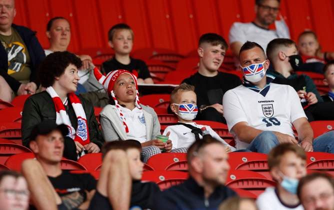 Middlesbrough, England, 6th June 2021. England fans take up their socially distanced positions for the game during the International Friendly, Länderspiel, Nationalmannschaft match at the Riverside Stadium, Middlesbrough. Picture credit should read: Darren Staples Sportimage EDITORIAL USE ONLY. No use with unauthorised audio, video, data, fixture lists, club league logos or live services. Online in-match use limited to 120 images, no video emulation. No use in betting, games or single club league player publications. SPI-1079-0001