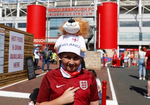 Middlesbrough, England, 6th June 2021. A young England fan ready for the match during the International Friendly, Länderspiel, Nationalmannschaft match at the Riverside Stadium, Middlesbrough. Picture credit should read: Darren Staples Sportimage EDITORIAL USE ONLY. No use with unauthorised audio, video, data, fixture lists, club league logos or live services. Online in-match use limited to 120 images, no video emulation. No use in betting, games or single club league player publications. SPI-1079-0005