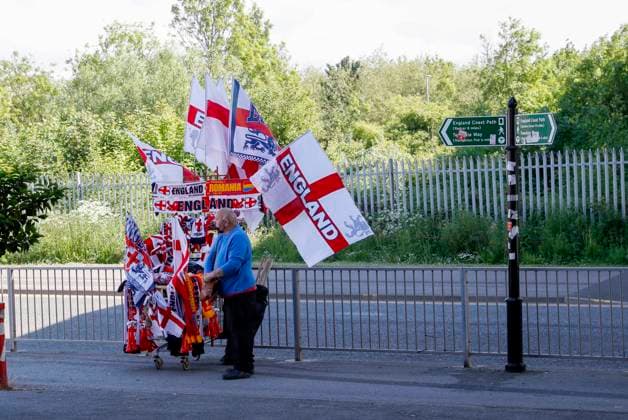 Middlesbrough, England, 6th June 2021. A merchandise seller outside the stadium during the International Friendly, Länderspiel, Nationalmannschaft match at the Riverside Stadium, Middlesbrough. Picture credit should read: Darren Staples Sportimage EDITORIAL USE ONLY. No use with unauthorised audio, video, data, fixture lists, club league logos or live services. Online in-match use limited to 120 images, no video emulation. No use in betting, games or single club league player publications. SPI-1079-0006