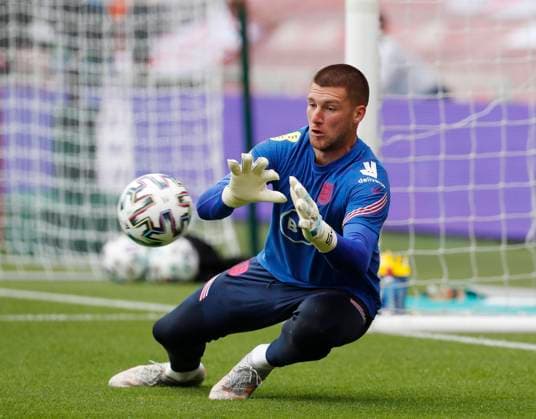Middlesbrough, England, 6th June 2021. Sam Johnstone of England warms up during the International Friendly, Länderspiel, Nationalmannschaft match at the Riverside Stadium, Middlesbrough. Picture credit should read: Darren Staples Sportimage EDITORIAL USE ONLY. No use with unauthorised audio, video, data, fixture lists, club league logos or live services. Online in-match use limited to 120 images, no video emulation. No use in betting, games or single club league player publications. SPI-1079-0015