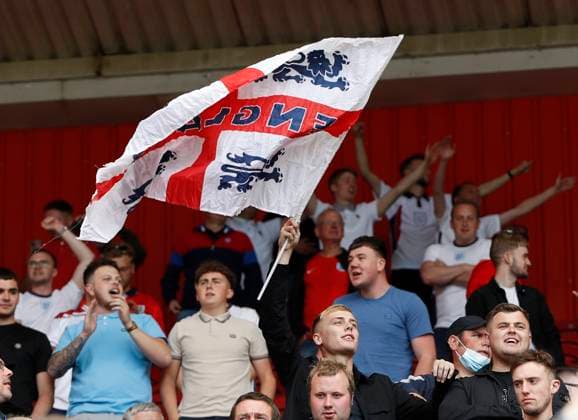 Middlesbrough, England, 6th June 2021. England fans fly the flag during the International Friendly, Länderspiel, Nationalmannschaft match at the Riverside Stadium, Middlesbrough. Picture credit should read: Darren Staples Sportimage EDITORIAL USE ONLY. No use with unauthorised audio, video, data, fixture lists, club league logos or live services. Online in-match use limited to 120 images, no video emulation. No use in betting, games or single club league player publications. SPI-1079-0017