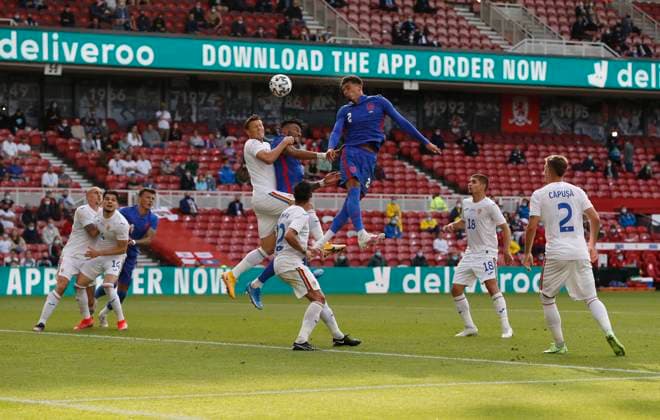 Middlesbrough, England, 6th June 2021. Ben Godfrey of England head over during the International Friendly, Länderspiel, Nationalmannschaft match at the Riverside Stadium, Middlesbrough. Picture credit should read: Darren Staples Sportimage EDITORIAL USE ONLY. No use with unauthorised audio, video, data, fixture lists, club league logos or live services. Online in-match use limited to 120 images, no video emulation. No use in betting, games or single club league player publications. SPI-1079-0072