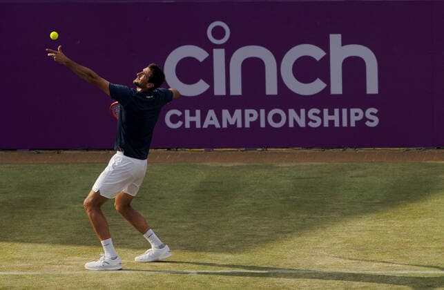 Mandatory Credit: Photo by Ella Ling BPI Shutterstock (12084430ca) Marin Cilic of Croatia in action Cinch Championships, Day Three, Tennis, Queens Club, London, UK - 16 June 2021 EDITORIAL USE ONLY No use with unauthorised audio, video, data, fixture lists, club league logos or live services. Online in-match use limited to 120 images, no video emulation. No use in betting, games or single club league player publications. Cinch Championships, Day Three, Tennis, Queens Club, London, UK - 16 June 2021 EDITORIAL USE ONLY No use with unauthorised audio, video, data, fixture lists, club league logos or live services. Online in-match use limited to 120 images, no video emulation. No use in betting, games or single club league player publications. Copyright: xEllaxLing BPI Shutterstockx 12084430ca