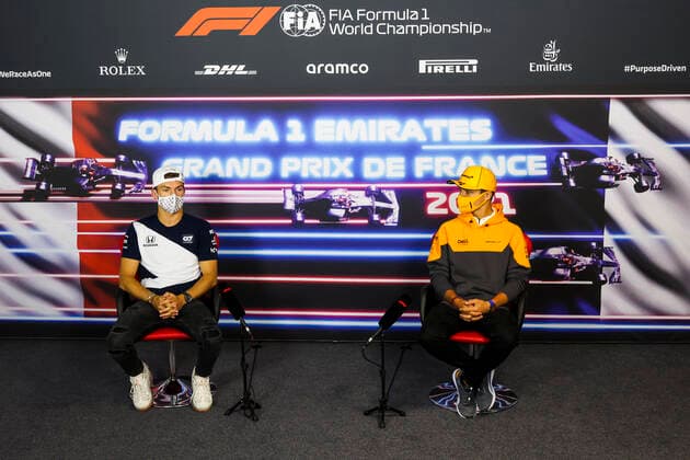 GASLY Pierre (fra), Scuderia AlphaTauri Honda AT02, NORRIS Lando (gbr), McLaren MCL35M, portrait, press conference, PK, Pressekonferenz during the Formula 1 Emirates Grand Prix de France 2021, 7th round of the 2021 FIA Formula One World Championship, WM, Weltmeisterschaft from June 18 to 20, 2021 on the Circuit Paul Ricard, in Le Castellet, France FORMULE 1 : Grand Prix de France - Circuit Paul-Ricard - 17 06 2021 DPPI PANORAMIC AV6_9263