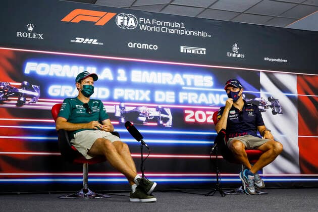 VETTEL Sebastian (ger), Aston Martin F1 AMR21, PEREZ Sergio (mex), Red Bull Racing Honda RB16B, portrait, press conference, PK, Pressekonferenz during the Formula 1 Emirates Grand Prix de France 2021, 7th round of the 2021 FIA Formula One World Championship, WM, Weltmeisterschaft from June 18 to 20, 2021 on the Circuit Paul Ricard, in Le Castellet, France FORMULE 1 : Grand Prix de France - Circuit Paul-Ricard - 17 06 2021 DPPI PANORAMIC _V2_2068