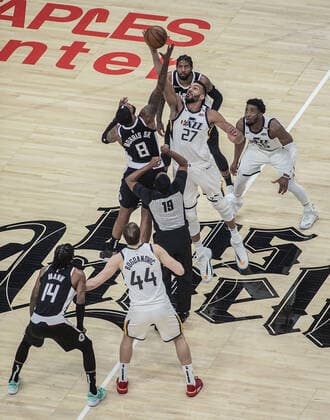 June 18, 2021, Los Angeles, California, USA: Rudy Gobert 27 of the Utah Jazz and Marcus Morris 8 of the Los Angeles Clippers during go up for the initial jump ball to start Round 2, Game 6 of the 2021 NBA, Basketball Herren, USA Playoffs on Friday June 18, 2021, at the Staples Center in Los Angeles, California. PI. Los Angeles USA - ZUMAp124 20210618_zaa_p124_001 Copyright: xPHILLIPxKIMx