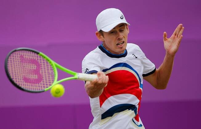Mandatory Credit: Photo by Ella Ling BPI Shutterstock (12115521m) Alex de Minaur of Australia in action Cinch Championships, Day Six, Tennis, Queens Club, London, UK - 19 June 2021 EDITORIAL USE ONLY No use with unauthorised audio, video, data, fixture lists, club league logos or live services. Online in-match use limited to 120 images, no video emulation. No use in betting, games or single club league player publications. Cinch Championships, Day Six, Tennis, Queens Club, London, UK - 19 June 2021 EDITORIAL USE ONLY No use with unauthorised audio, video, data, fixture lists, club league logos or live services. Online in-match use limited to 120 images, no video emulation. No use in betting, games or single club league player publications. Copyright: xEllaxLing BPI Shutterstockx 12115521m