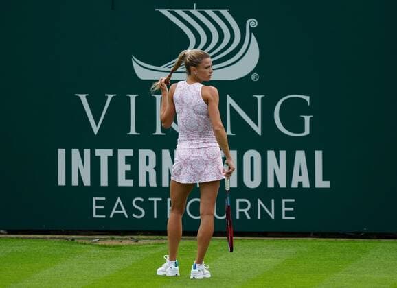 Mandatory Credit: Photo by Dave Shopland BPI Shutterstock (12115545b) Camila Giorgi from Italy during her final qualifying round win Viking International Championships, Day Two, Tennis, Eastbourne, East Sussex, UK - 20 June 2021 EDITORIAL USE ONLY No use with unauthorised audio, video, data, fixture lists, club league logos or live services. Online in-match use limited to 120 images, no video emulation. No use in betting, games or single club league player publications. Viking International Championships, Day Two, Tennis, Eastbourne, East Sussex, UK - 20 June 2021 EDITORIAL USE ONLY No use with unauthorised audio, video, data, fixture lists, club league logos or live services. Online in-match use limited to 120 images, no video emulation. No use in betting, games or single club league player publications. Copyright: xDavexShopland BPI Shutterstockx 12115545b