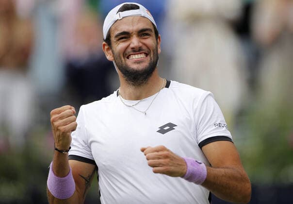 Mandatory Credit: Photo by Ella Ling BPI Shutterstock (12115524w) Matteo Berrettini of Italy celebrates on match point Cinch Championships, Day Seven, Tennis, Queens Club, London, UK - 20 June 2021 EDITORIAL USE ONLY No use with unauthorised audio, video, data, fixture lists, club league logos or live services. Online in-match use limited to 120 images, no video emulation. No use in betting, games or single club league player publications. Cinch Championships, Day Seven, Tennis, Queens Club, London, UK - 20 June 2021 EDITORIAL USE ONLY No use with unauthorised audio, video, data, fixture lists, club league logos or live services. Online in-match use limited to 120 images, no video emulation. No use in betting, games or single club league player publications. Copyright: xEllaxLing BPI Shutterstockx 12115524w