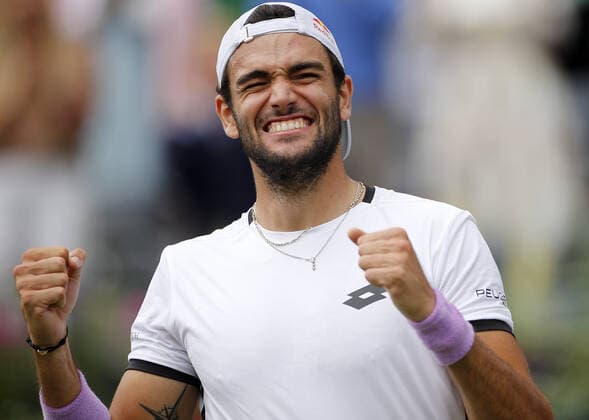 Mandatory Credit: Photo by Ella Ling BPI Shutterstock (12115524m) Matteo Berrettini of Italy celebrates on match point Cinch Championships, Day Seven, Tennis, Queens Club, London, UK - 20 June 2021 EDITORIAL USE ONLY No use with unauthorised audio, video, data, fixture lists, club league logos or live services. Online in-match use limited to 120 images, no video emulation. No use in betting, games or single club league player publications. Cinch Championships, Day Seven, Tennis, Queens Club, London, UK - 20 June 2021 EDITORIAL USE ONLY No use with unauthorised audio, video, data, fixture lists, club league logos or live services. Online in-match use limited to 120 images, no video emulation. No use in betting, games or single club league player publications. Copyright: xEllaxLing BPI Shutterstockx 12115524m
