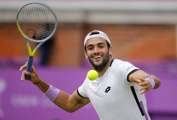 Mandatory Credit: Photo by Ella Ling BPI Shutterstock (12115524o) Matteo Berrettini of Italy celebrates on match point Cinch Championships, Day Seven, Tennis, Queens Club, London, UK - 20 June 2021 EDITORIAL USE ONLY No use with unauthorised audio, video, data, fixture lists, club league logos or live services. Online in-match use limited to 120 images, no video emulation. No use in betting, games or single club league player publications. Cinch Championships, Day Seven, Tennis, Queens Club, London, UK - 20 June 2021 EDITORIAL USE ONLY No use with unauthorised audio, video, data, fixture lists, club league logos or live services. Online in-match use limited to 120 images, no video emulation. No use in betting, games or single club league player publications. Copyright: xEllaxLing BPI Shutterstockx 12115524o
