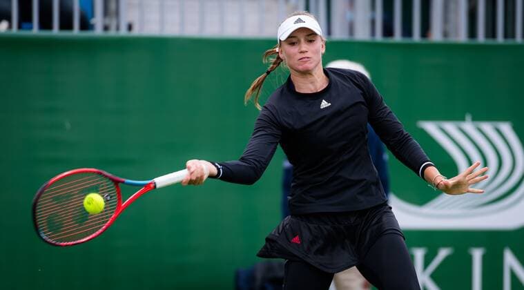 Mandatory Credit: Photo by Rob Prange Shutterstock (12163992ad) Elena Rybakina of Kazakhstan in action during her first round match at the 2021 Viking International WTA, Tennis Damen 500 tennis tournament Viking International Championships, Day Four, Tennis, Eastbourne, East Sussex, UK - 22 June 2021 EDITORIAL USE ONLY No use with unauthorised audio, video, data, fixture lists, club league logos or live services. Online in-match use limited to 120 images, no video emulation. No use in betting, games or single club league player publications. Viking International Championships, Day Four, Tennis, Eastbourne, East Sussex, UK - 22 June 2021 EDITORIAL USE ONLY No use with unauthorised audio, video, data, fixture lists, club league logos or live services. Online in-match use limited to 120 images, no video emulation. No use in betting, games or single club league player publications. Copyright: xRobxPrange Shutterstockx 12163992ad