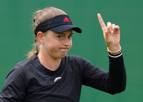 Mandatory Credit: Photo by Dave Shopland BPI Shutterstock (12163770an) Jelena Ostapenko reacts Viking International Championships, Day Four, Tennis, Eastbourne, East Sussex, UK - 22 June 2021 EDITORIAL USE ONLY No use with unauthorised audio, video, data, fixture lists, club league logos or live services. Online in-match use limited to 120 images, no video emulation. No use in betting, games or single club league player publications. Viking International Championships, Day Four, Tennis, Eastbourne, East Sussex, UK - 22 June 2021 EDITORIAL USE ONLY No use with unauthorised audio, video, data, fixture lists, club league logos or live services. Online in-match use limited to 120 images, no video emulation. No use in betting, games or single club league player publications. Copyright: xDavexShopland BPI Shutterstockx 12163770an