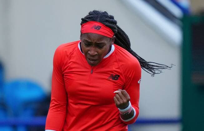 Mandatory Credit: Photo by Dave Shopland BPI Shutterstock (12163770eb) USA s Coco Gauff celebrates Viking International Championships, Day Four, Tennis, Eastbourne, East Sussex, UK - 22 June 2021 EDITORIAL USE ONLY No use with unauthorised audio, video, data, fixture lists, club league logos or live services. Online in-match use limited to 120 images, no video emulation. No use in betting, games or single club league player publications. Viking International Championships, Day Four, Tennis, Eastbourne, East Sussex, UK - 22 June 2021 EDITORIAL USE ONLY No use with unauthorised audio, video, data, fixture lists, club league logos or live services. Online in-match use limited to 120 images, no video emulation. No use in betting, games or single club league player publications. Copyright: xDavexShopland BPI Shutterstockx 12163770eb