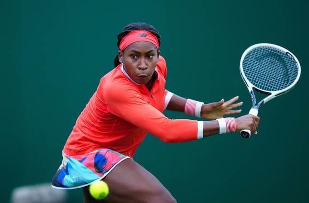 Mandatory Credit: Photo by Dave Shopland BPI Shutterstock (12163770dv) USA s Coco Gauff action Viking International Championships, Day Four, Tennis, Eastbourne, East Sussex, UK - 22 June 2021 EDITORIAL USE ONLY No use with unauthorised audio, video, data, fixture lists, club league logos or live services. Online in-match use limited to 120 images, no video emulation. No use in betting, games or single club league player publications. Viking International Championships, Day Four, Tennis, Eastbourne, East Sussex, UK - 22 June 2021 EDITORIAL USE ONLY No use with unauthorised audio, video, data, fixture lists, club league logos or live services. Online in-match use limited to 120 images, no video emulation. No use in betting, games or single club league player publications. Copyright: xDavexShopland BPI Shutterstockx 12163770dv