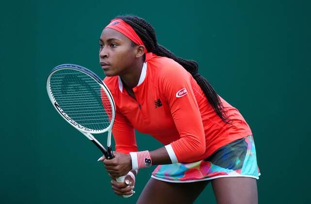 Mandatory Credit: Photo by Dave Shopland BPI Shutterstock (12163770ds) USA s Coco Gauff action Viking International Championships, Day Four, Tennis, Eastbourne, East Sussex, UK - 22 June 2021 EDITORIAL USE ONLY No use with unauthorised audio, video, data, fixture lists, club league logos or live services. Online in-match use limited to 120 images, no video emulation. No use in betting, games or single club league player publications. Viking International Championships, Day Four, Tennis, Eastbourne, East Sussex, UK - 22 June 2021 EDITORIAL USE ONLY No use with unauthorised audio, video, data, fixture lists, club league logos or live services. Online in-match use limited to 120 images, no video emulation. No use in betting, games or single club league player publications. Copyright: xDavexShopland BPI Shutterstockx 12163770ds