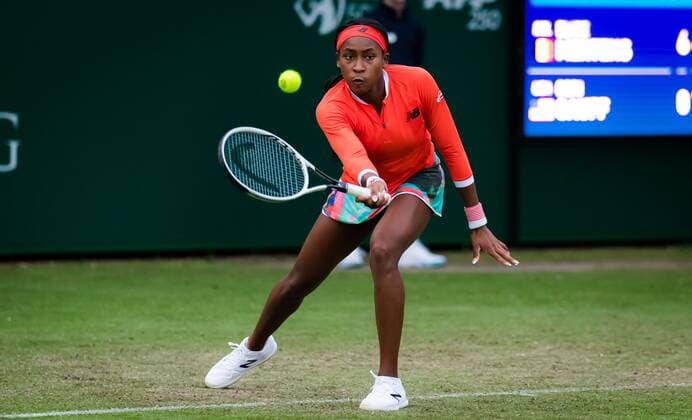 Mandatory Credit: Photo by Rob Prange Shutterstock (12163992eu) Cori Gauff of the United States in action during the first round at the 2021 Viking International WTA, Tennis Damen 500 tennis tournament Viking International Championships, Day Four, Tennis, Eastbourne, East Sussex, UK - 22 June 2021 EDITORIAL USE ONLY No use with unauthorised audio, video, data, fixture lists, club league logos or live services. Online in-match use limited to 120 images, no video emulation. No use in betting, games or single club league player publications. Viking International Championships, Day Four, Tennis, Eastbourne, East Sussex, UK - 22 June 2021 EDITORIAL USE ONLY No use with unauthorised audio, video, data, fixture lists, club league logos or live services. Online in-match use limited to 120 images, no video emulation. No use in betting, games or single club league player publications. Copyright: xRobxPrange Shutterstockx 12163992eu