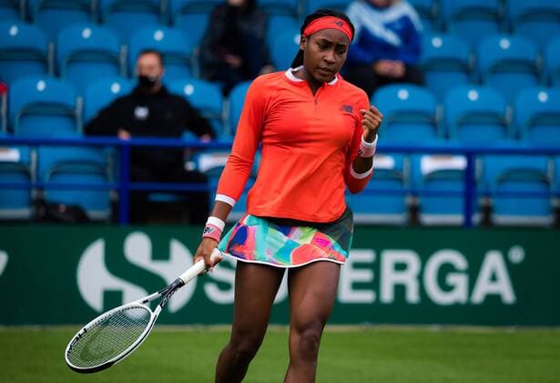 Mandatory Credit: Photo by Rob Prange Shutterstock (12163992fd) Cori Gauff of the United States in action during the first round at the 2021 Viking International WTA, Tennis Damen 500 tennis tournament Viking International Championships, Day Four, Tennis, Eastbourne, East Sussex, UK - 22 June 2021 EDITORIAL USE ONLY No use with unauthorised audio, video, data, fixture lists, club league logos or live services. Online in-match use limited to 120 images, no video emulation. No use in betting, games or single club league player publications. Viking International Championships, Day Four, Tennis, Eastbourne, East Sussex, UK - 22 June 2021 EDITORIAL USE ONLY No use with unauthorised audio, video, data, fixture lists, club league logos or live services. Online in-match use limited to 120 images, no video emulation. No use in betting, games or single club league player publications. Copyright: xRobxPrange Shutterstockx 12163992fd