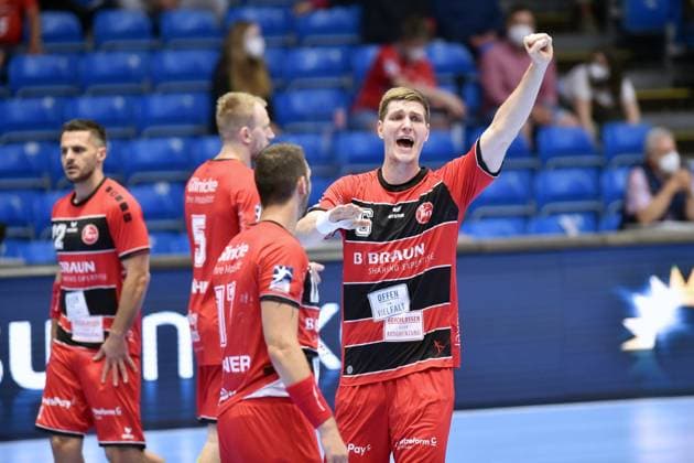Jubel bei Finn Lemke (MT Melsungen) (R), Michael Allendorf (MT Melsungen) (L) , MT Melsungen - Fuechse Berlin, Handball, 1. Bundesliga Maenner, 23.06.2021, MT Melsungen - Fuechse Berlin, Handball, GER, 1. Bundesliga Maenner, 23.06.2021 Kassel Copyright: xEibner-Pressefoto-xRolandxSippelx