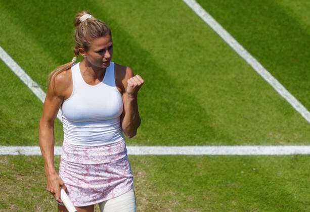 Mandatory Credit: Photo by Dave Shopland BPI Shutterstock (12167170f) Italy s Camila Giorgi celebrates match point as she reaches semi final Viking International Championships, Day Six, Tennis, Eastbourne, East Sussex, UK - 24 June 2021 Viking International Championships, Day Six, Tennis, Eastbourne, East Sussex, UK - 24 June 2021 Copyright: xDavexShopland BPI Shutterstockx 12167170f