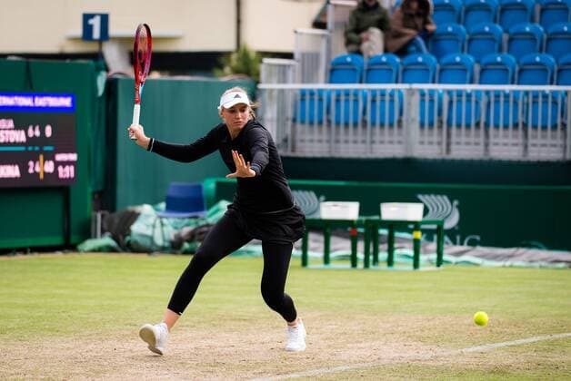 Mandatory Credit: Photo by Rob Prange Shutterstock (12167449dc) Elena Rybakina of Kazakhstan in action during the quarter-finals at the 2021 Viking International WTA, Tennis Damen 500 tennis tournament Viking International Championships, Day Six, Tennis, Eastbourne, East Sussex, UK - 24 June 2021 Viking International Championships, Day Six, Tennis, Eastbourne, East Sussex, UK - 24 June 2021 Copyright: xRobxPrange Shutterstockx 12167449dc