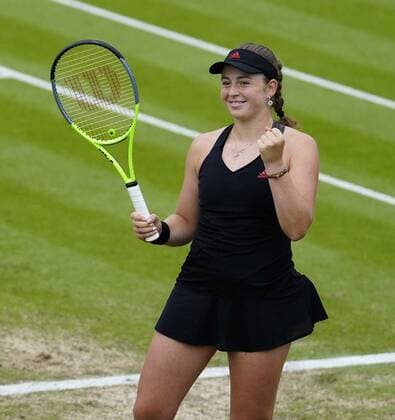 Mandatory Credit: Photo by Dave Shopland BPI Shutterstock (12168982d) Latvia s Jelena Ostapenko celebrates winning Championship Point Viking International Championships, Day Eight, Tennis, Eastbourne, East Sussex, UK - 26 June 2021 Viking International Championships, Day Eight, Tennis, Eastbourne, East Sussex, UK - 26 June 2021 Copyright: xDavexShopland BPI Shutterstockx 12168982d