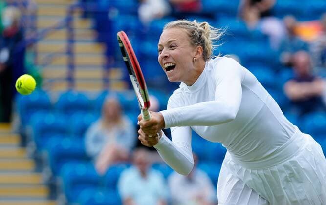 Mandatory Credit: Photo by Dave Shopland BPI Shutterstock (12168982av) Runner Up Anett Kontaveit in Action Viking International Championships, Day Eight, Tennis, Eastbourne, East Sussex, UK - 26 June 2021 Viking International Championships, Day Eight, Tennis, Eastbourne, East Sussex, UK - 26 June 2021 Copyright: xDavexShopland BPI Shutterstockx 12168982av