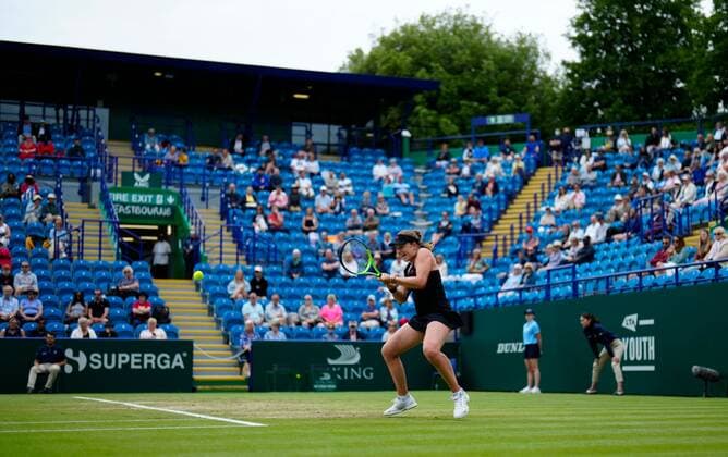 Mandatory Credit: Photo by Dave Shopland BPI Shutterstock (12168982bw) Championship winner Latvia s Jelena Ostapenko in action Viking International Championships, Day Eight, Tennis, Eastbourne, East Sussex, UK - 26 June 2021 Viking International Championships, Day Eight, Tennis, Eastbourne, East Sussex, UK - 26 June 2021 Copyright: xDavexShopland BPI Shutterstockx 12168982bw