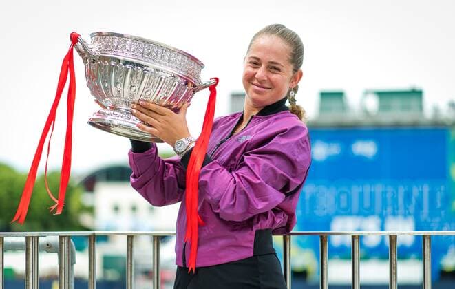 Mandatory Credit: Photo by Rob Prange Shutterstock (12168976bc) Jelena Ostapenko of Latvia poses with the champions trophy after the final of the 2021 Viking International WTA, Tennis Damen 500 tennis tournament Viking International Championships, Day Eight, Tennis, Eastbourne, East Sussex, UK - 26 June 2021 Viking International Championships, Day Eight, Tennis, Eastbourne, East Sussex, UK - 26 June 2021 Copyright: xRobxPrange Shutterstockx 12168976bc