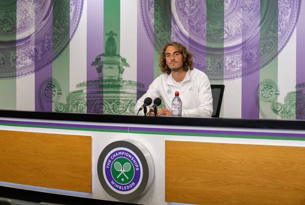 Mandatory Credit: Photo by AELTC Shutterstock (12172322x) Stefanos Tsitsipas (GRE) attends a press conference, PK, Pressekonferenz in the Main Interview Room ahead of The Championships 2021 Wimbledon Tennis Championships, Preparations, The All England Lawn Tennis and Croquet Club, London, UK - 27 Jun 2021 Editorial Use Only Wimbledon Tennis Championships, Preparations, The All England Lawn Tennis and Croquet Club, London, UK - 27 Jun 2021 Editorial Use Only Copyright: xAELTC Shutterstockx 12172322x