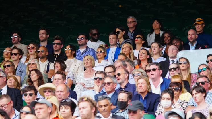 Mandatory Credit: Photo by Javier Garcia Shutterstock (12191440cj) Giovanna Fletcher, Tom Fletcher, Jordan North, Ella Eyre, Henry Holland, Tinie Tempah, AJ Odudu, Tom Allen, Marvin Humes, Richelle Humes and Ashley Roberts on Centre Court Wimbledon Tennis Championships, Day 4, The All England Lawn Tennis and Croquet Club, London, UK - 01 Jul 2021 Wimbledon Tennis Championships, Day 4, The All England Lawn Tennis and Croquet Club, London, UK - 01 Jul 2021 Copyright: xJavierxGarcia Shutterstockx 12191440cj