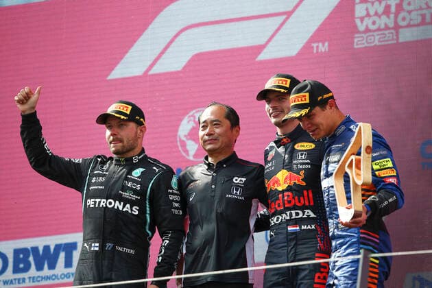 77 Valtteri Bottas (FIN, Mercedes-AMG Petronas F1 Team), Toyoharu Tanabe (JPN, Technical Director of Honda Racing F1), 33 Max Verstappen (NED, Red Bull Racing), 4 Lando Norris (GBR, McLaren F1 Team), F1 Grand Prix of Austria at Red Bull Ring on July 4, 2021 in Spielberg, Austria. (Photo by HOCH ZWEI) Spielberg Austria