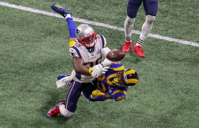 Mandatory Credit: Photo by Dave Shopland BPI Shutterstock (10081923bg) LA Rams wide receiver Josh Reynolds (83) fails to catch the ball as New England Patriots tight end Stephen Anderson (80) attempts to intercept Los Angeles Rams v New England Patriots, Super Bowl, Mercedes Benz Stadium, Atlanta, Georgia, USA, 03 Feb 2019 Los Angeles Rams v New England Patriots, Super Bowl, Mercedes Benz Stadium, Atlanta, Georgia, USA, 03 Feb 2019 Copyright: xDavexShopland BPI Shutterstockx 10081923bg