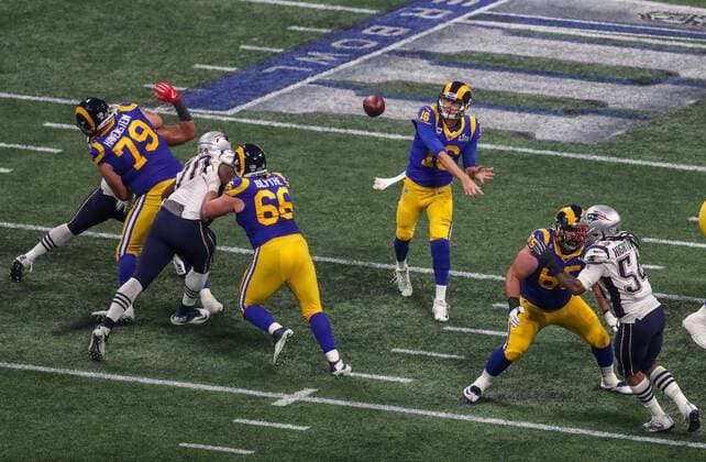 Mandatory Credit: Photo by Dave Shopland BPI Shutterstock (10081923fa) LA Rams quarterback Jared Goff (16) throws the ball Los Angeles Rams v New England Patriots, Super Bowl, Mercedes Benz Stadium, Atlanta, Georgia, USA, 03 Feb 2019 Los Angeles Rams v New England Patriots, Super Bowl, Mercedes Benz Stadium, Atlanta, Georgia, USA, 03 Feb 2019 Copyright: xDavexShopland BPI Shutterstockx 10081923fa