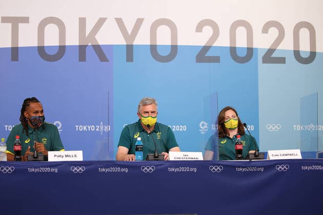 July 22, 2021, Ariake, Tokyo, Japan: NBA, Basketball Herren, USA Basketball player for the San Antonio Spurs and Australia s first indigenous flag bearer Patty MILLS, Chef de Mission of the Australian Team Ian CHESTERMAN and Swimmer Cate CAMPBELL during the Australian Olympic Committee press conference, PK, Pressekonferenz at Tokyo Bight Sight on July 22nd 2021 in Tokyo, Japan Ariake Japan - ZUMAc179 0126602372st Copyright: xMickaelxChavetx