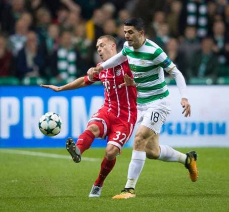 Mandatory Credit: Photo by Stuart Wallace Shutterstock (9184676bl) Joshua Kimmich of Bayern Munich challenged by Tom Rogic of Celtic Celtic v Bayern Munich, UEFA Champions League, Group B, Celtic Park, Glasgow, UK - 31 October 2017 Celtic v Bayern Munich, UEFA Champions League, Group B, Celtic Park, Glasgow, UK - 31 October 2017 Copyright: xStuartxWallace Shutterstockx 9184676bl