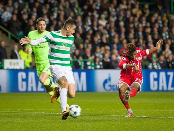 Mandatory Credit: Photo by Stuart Wallace Shutterstock (9184676x) Kingsley Coman of Bayern Munich shoots past Nir Bitton of Celtic and scores to give them a 0-1 lead after Celtic goalkeeper Craig Gordon misjudged the flight of the ball outside the 18 yeard box Celtic v Bayern Munich, UEFA Champions League, Group B, Celtic Park, Glasgow, UK - 31 October 2017 Celtic v Bayern Munich, UEFA Champions League, Group B, Celtic Park, Glasgow, UK - 31 October 2017 Copyright: xStuartxWallace Shutterstockx 9184676x