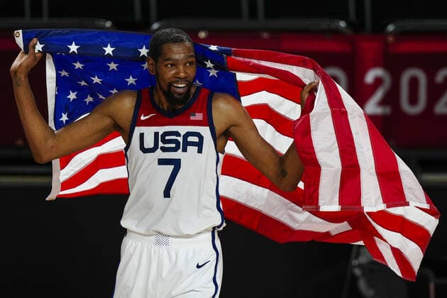 Mandatory Credit: Photo by Dave Shopland Shutterstock (12249257cj) Kevin Durant of the United States (USA) celebrates winning Men s Gold Medal Basketball Game France v United States, Basketball, Men s final, Tokyo Olympic Games, Olympische Spiele, Olympia, OS 2020, Saitama Super Arena, Japan - 07 Aug 2021 France v United States, Basketball, Men s final, Tokyo Olympic Games 2020, Saitama Super Arena, Japan - 07 Aug 2021 Copyright: xDavexShopland Shutterstockx 12249257cj