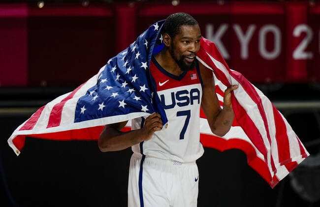 Mandatory Credit: Photo by Dave Shopland Shutterstock (12249257cv) Kevin Durant of the United States (USA) celebrates winning Men s Gold Medal Basketball Game France v United States, Basketball, Men s final, Tokyo Olympic Games, Olympische Spiele, Olympia, OS 2020, Saitama Super Arena, Japan - 07 Aug 2021 France v United States, Basketball, Men s final, Tokyo Olympic Games 2020, Saitama Super Arena, Japan - 07 Aug 2021 Copyright: xDavexShopland Shutterstockx 12249257cv