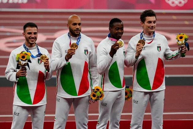 Mandatory Credit: Photo by Dave Shopland Shutterstock (12249251ab) Lorenzo Patta, Lamont Marcell Jacobs, Eseosa Desalu and Filippo Tortu (ITA) - Men s 4 x 100m Relay Final Athletics, Olympic Stadium, Tokyo Olympic Games, Olympische Spiele, Olympia, OS 2020, Japan - 07 Aug 2021 Athletics, Olympic Stadium, Tokyo Olympic Games 2020, Japan - 07 Aug 2021 Copyright: xDavexShopland Shutterstockx 12249251ab