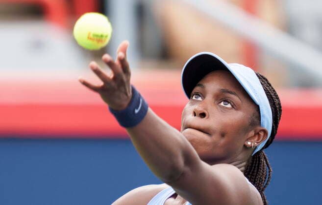 August 11, 2021, Montreal, PQ, Canada: Sloane Stephens, of the Unites States, serves to Aryna Sabalemka, of Belarus, during second round National Bank Open women s tennis tournament action, in Montreal, Wednesday, Aug. 11, 2021. Sloane Stephens - ZUMAc35_ 20210811_zaf_c35_093 Copyright: xPaulxChiassonx